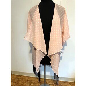 Lularoe Monroe Kimono Size S NWT Pink White Polka Dot Black Fringe Cover Up Disn